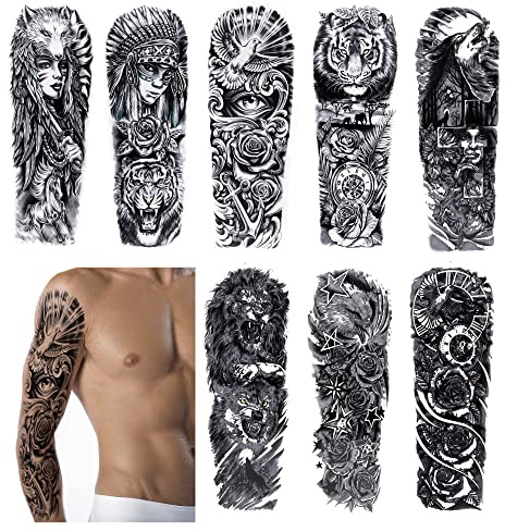 Temporary Tattoos for Adults Men Waterproof Fake Tattoo Stickers Kit for Arm/leg (Full Arm 8pcs)
