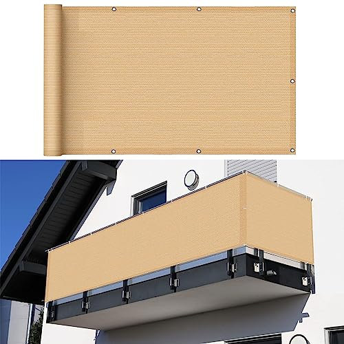 Balkonbespannung 90 x 650 cm Reißfest UV-Schutz atmungsaktiv Balkonverkleidung Balkonabdeckung mit Kabelbinder Ohne Bohren für Balkon Terrasse Garten, Beige