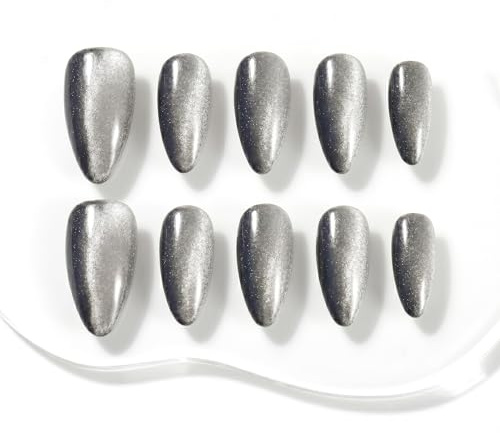 Sun&Beam Nails Handgefertigte Press-On Nails Medium Almond Schwarz (#125 L) | Schwarz-Silber mit Cat-Eye-Effekt, feinem Schimmer und Glanz, 10-teiliges Set