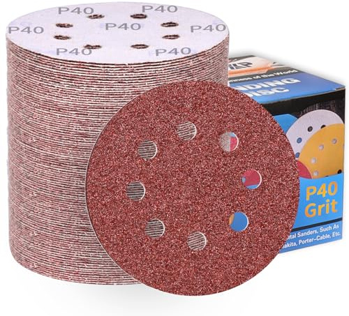 ALPXUXP Disques abrasifs 125 mm Papier abrasif grain 40 8 trous, revêtement abrasif antiadhésif pour ponceuse orbitale aléatoire excentrique (100 pièces)