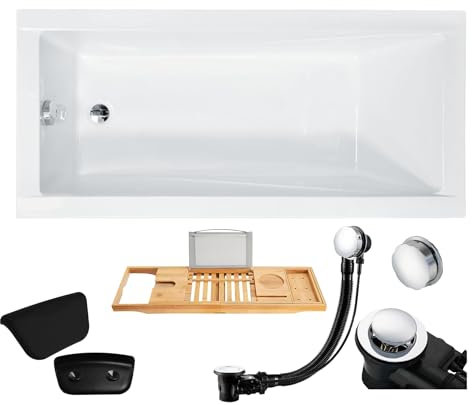 BADLAND Badewanne Original Weiß Acryl Wanne Rechteck MODERN 120x70 KOMPLETTSET SET + Bambus Ablage + Kopfstütze + Füßen und Exklusive Chrom Automatik Ablaufgarnitur Made in EU 5in1