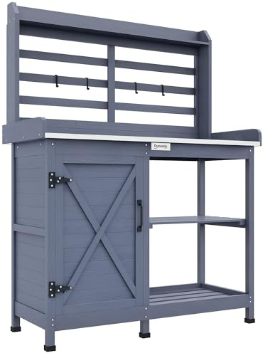 Outsunny Växtbord av trä, trädgårdsbord med skåp, blombord med bänkskiva, växtbord av trä med 2 hyllor, 4 krokar för trädgård, grå, 112 x 47 x 146 cm