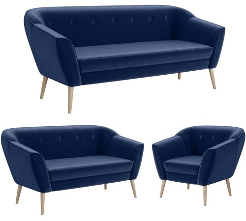 MEBLINI Mini Sofa Set 3-2-1 für Wohnzimmer - Mini Lounge für sechs Personen - Küchensofa - Sofa Klein - Sitzgarnitur - Polstergarnitur - Sofagarnituren - Doris - 3+2+1 - Blau Samt