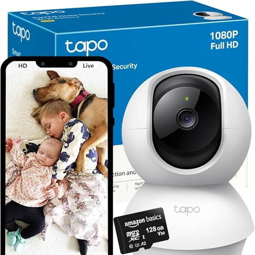 Tapo & Amazon Basic SD Card Bundle: Wifi Camera, Indoor Camera for Security, 1080p Pet Camera, Wireless 360° for Baby Monitor, sell with 128GB SD Card