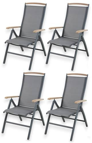 ALEOS. Hochlehner Trinidad Aluminium Gartensessel Hochlehner mit Armlehnen echt Teakholz 7-Positions Sessel 7-Fach verstellbar Outdoor Textilgewebe klappbar, Größe:4 Stück