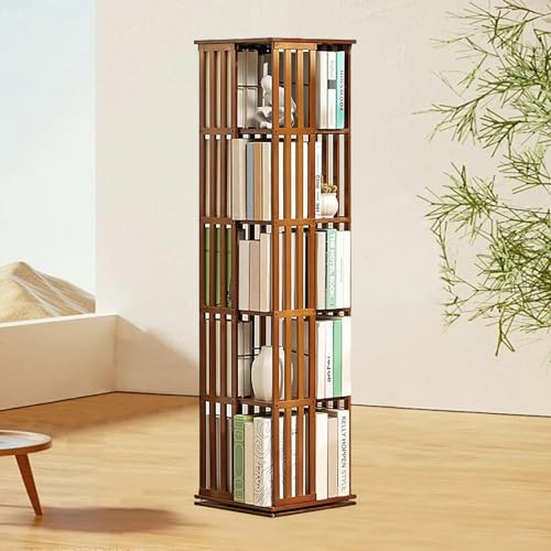 YMAOMAO Drehbares Bücherregal mit 5/6 Ebenen, um 360° drehbares Bücherregal, drehbares Bücherregal aus Bambus mit 360°-Anzeige, drehbares Bücherregal aus Massivholz, drehbares Bücherregal,Brown-5Tier