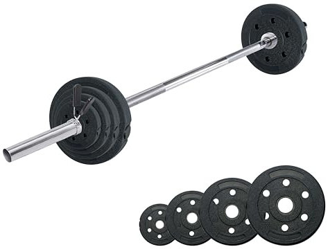 wuuhoo® Langhantelstange & Hantelscheiben im Set Marcel, 26kg-60kg, Hantelstange 30mm, Stahl verchromte Hantel, Zement Hantelscheiben 30mm, 120cm-200cm Set 8-60kg