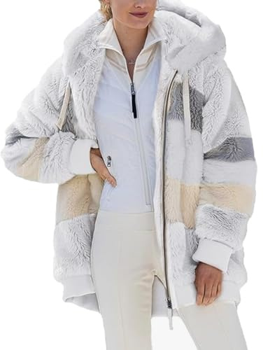 ABINGOO Damen Teddy Winterjacke Warm Kuscheljacke Übergangsjacke mit Kapuze | Reißverschluss, Farbblock, Herbst Winter Oversize Mantel, Flauschig Plüschjacke Fleecejacke mit Taschen