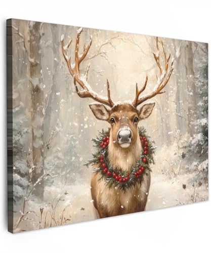MuchoWow© Weihnachtsdeko Leinwandbild Dekoration Wohnzimmer Bilder Pictures | 80x60 cm - Weihnachtsgeschenke Decoration Living Room Deko Moderne Bild Geschenke Weihnachten - Rentier - Winter - Beige