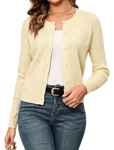 Chaqueta de Punto Mujer Cárdigan Corto Bolero Trenzado Grueso Rebeca Señora Jersey Abierto Manga Larga con Botones Rebecas Cuello Redondo Antiguo Básico Clásico Beige S