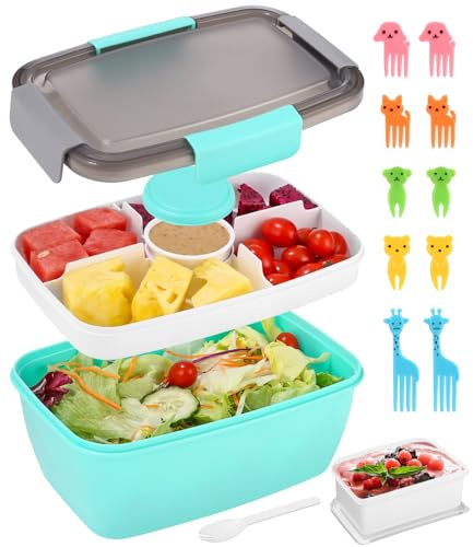 Lunchbox Erwachsene, Salat Box mit Gabel und Zahnstocher, Auslaufsicher, Mikrowellengeeignet 2000 ml, Bento Box für Schule/Arbeit/Picknick Reisen (Grün)