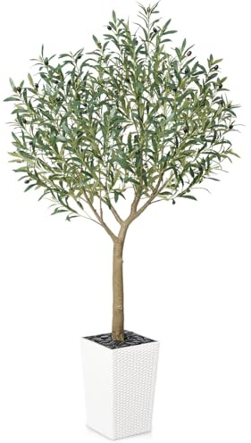 VeriNatural Olivenbaum Künstlich 180 cm - Künstliche Pflanzen Groß mit Seide Blättern & Früchten im Weiß Topf- Kunstpflanze wie echt UV-beständig für Innen und Außen, Wohnzimmer, Balkon Deko, VN156