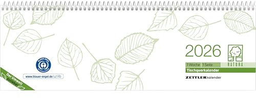 Zettler Tischquerkalender 1W/1S Blauer Engel Recycling 2026 – Wochenkalender 30 × 10 cm, 1 Woche auf 1 Seite, FSC & Blauer Engel zertifiziert, nachhaltiger Bürokalender mit Stundeneinteilung 7–19 Uhr