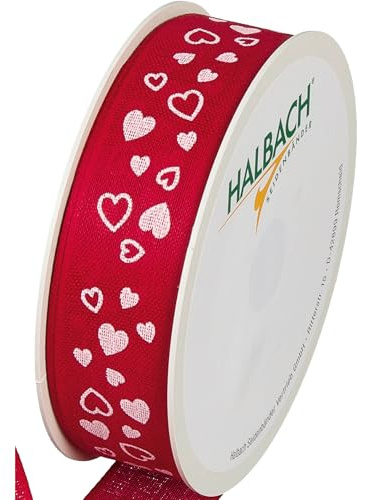 Halbach Geschenkband Herzen, 25 mm x 18 m, rot/weiß | Bedrucktes Schleifenband in Baumwoll-Optik mit Herzmotiv, Made in Germany und waschbar für Hochzeiten und Valentinstag