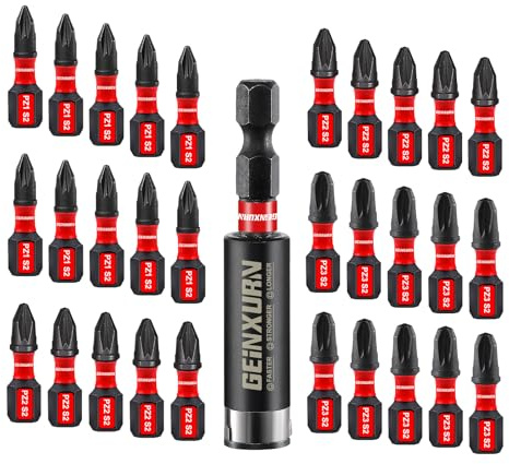 GEINXURN 30 Pièces Pozidriv Embouts de Vissage aux Chocs PZ1 PZ2 PZ3 25mm, Jeu d'embouts Magnétique pour Visseuse Tournevis Tige Hexagonale 1/4 S2 Acier Allié avec 1 Porte-embout de 60mm