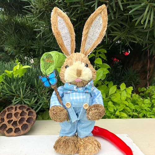 Adornos de figura de conejo, paja tejida a mano, juguete de simulación de conejo de Pascua, estatuas de conejo de pie, decoración de conejo de Pascua tejida para decoración de mesa y hogar (B)