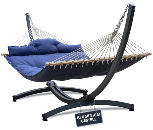 Potenza Outdoor Hängematte mit Tytan Gestell für 2 Personen I Panama - Stabhängematte XXL 210x140, 200kg I Hängemattengestell 350kg Wetterfest (5 Aluminium Gestell Graphit, Atlanta Blau)
