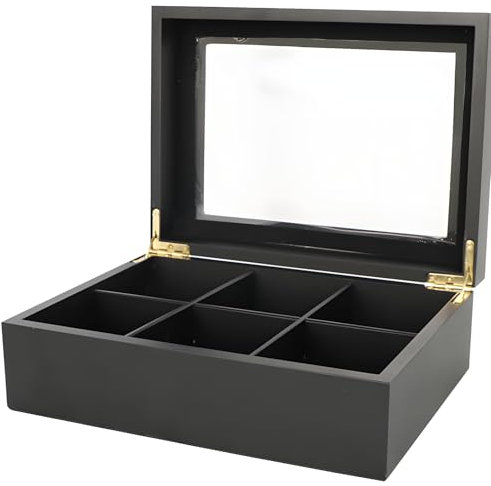 Caja organizadora de té de madera negra, caja de almacenamiento de té de 6 ranuras con ventana y divisor extraíble para almacenamiento personalizable