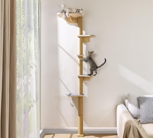 Kratzbaum Groß 210cm Kletterwand Katzen, Wandmontierter Katzenkratzbaum 5 Stöckig aus Natürliches Holz mit Grauem Robustem Filzstoff, Wandkratzbaum für Katzen zum Klettern, Kratzen und Spielen