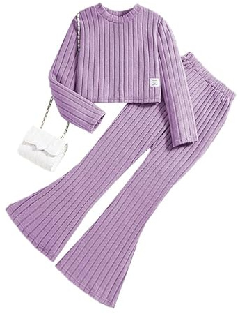JiAmy Girls Clothes Flare Legging Outfit Long Sleeve Plain Set 7-11 Years | Super soft, pitted stripes,ribbed long sleeve crop top, wide-leg flared leggings pants, y2k style, fall &winter