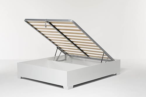 Cangù Letto Contenitore Bed Box Matrimoniale 160x190 cm, Bianco, con piedini, con Rete a Doghe e Sistema di Sollevamento