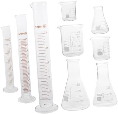 Luxshiny 9pcs Premium Glassware Set Measuring Cylinder Conical Flask for Lab Experiments Includes Beakers High Temperature Resistant Scale for Accurate Measurements