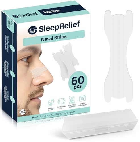 SleepRelief Nasal Strips 60 Pieces Nose Strips for Breathing, Relieve a Blocked Nose Due to Colds, Allergies, Snore Strips for Sports and Sleep, Nose Strips for Snoring, Snoring Strips Drug-Free