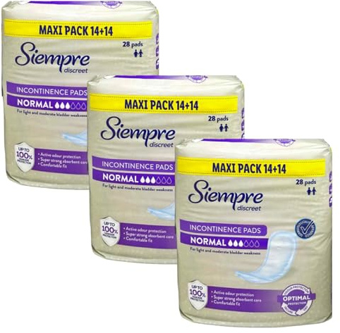 LUNEXA Bundle – Siempre Discreet Incontinence Pads Normal, Maxi Pack 14+14 (28 Pads x 3 Packs, 84 Total) – Bladder Weakness Protection, Comfortable Fit, Odour Control