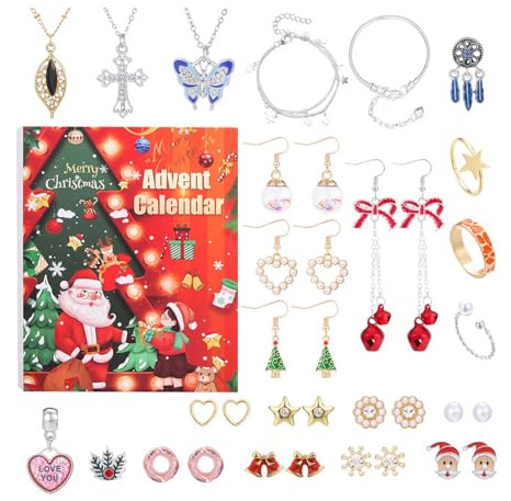 Adventskalender mit Schmuck für Frauen,2025 Frauens Weihnachtskalender, 24 Tolles Mode Schmuckkalenders,Armbänder, Halskettens, Ringe und Ohrringe für Ihre Fraus,Mutter oder Freund