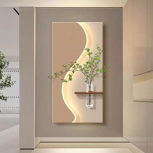 Wall Art Painting with LED, Sandstone Decor Wall Sculpture with Vase and Fake Plant for Living Room, Bedroom, Kitchen, Home Office