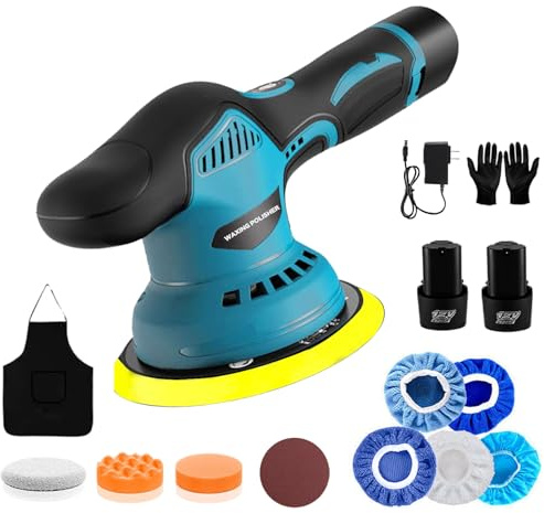 Bellanny Poliermaschine Auto Akku - Exzenter Poliermaschinen Set 16pcs, Politur mit 2*2.0Ah 12V Batterie, 2500-5500RPM 8 Variable Geschwindigkeit Poliermaschinen für Möbel Autopflege Polieren Wachsen