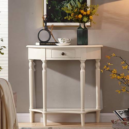 Tavolo Consolle Ingresso Moderno In Legno con Cassetto,Tavolo D'ingresso Semicircolare,Mobile Dietro Divano Salvaspazio,Mobile Espositivo A Mezzaluna,per Soggiorno,Corridoio(White,100cm/39.3in)