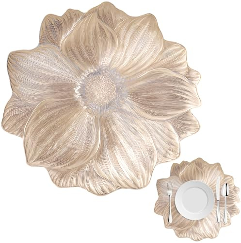 6er Set Goldene Platzset, Elegante Florale PVC Runde Tischsets, Hitzebeständige & Abwaschbare Platzdeckchen, Rutschfestes Essplatz Set für Küche, Esstisch & Deko (Goldene)