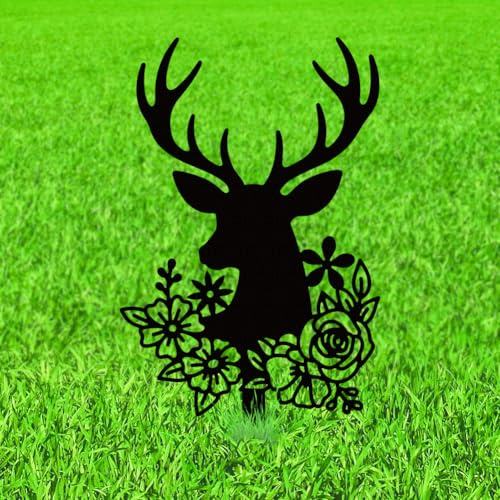WADORN Piquets Décoratifs de Jardin en Métal de Tête Cerf et Fleurs, Statues D'Extérieur Noires de Silhouette de Cerf Mignon Cadeaux pour Amoureux Animaux Décorations à Piquer pour Terrasse Pelouse