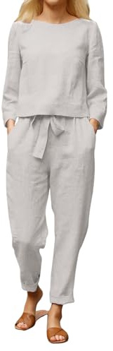 Generisk fritidsoverall för kvinnor, 2-delad, elegant, plissé set, elegant byxkostym, långärmad kavaj, blus och vida ben, byxor, enfärgade, höstoutfit, bekväm loungewear, Vit, XXL