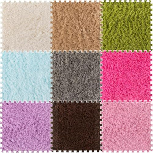 LNNNW Plush Piezas Alfombra Puzzle Losetas de alfombra de felpa, alfombra de suelo de rompecabezas de espuma entrelazada de 9 cuadrados, alfombra de retales, alfombra de suelo cortable y multiusos