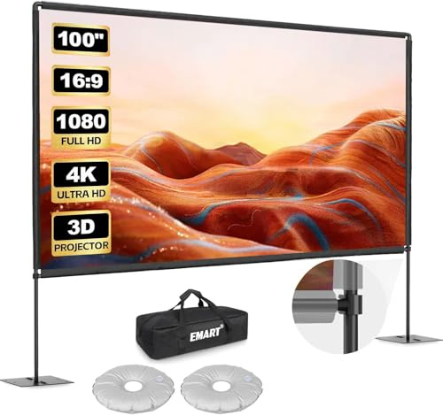 Projektorskärm med stativ 100 tum, EMART bärbar skärm 16:9 HD 4K vikbar för inomhus- och utomhusbruk med bärväska och robust bas, för trädgård, fest