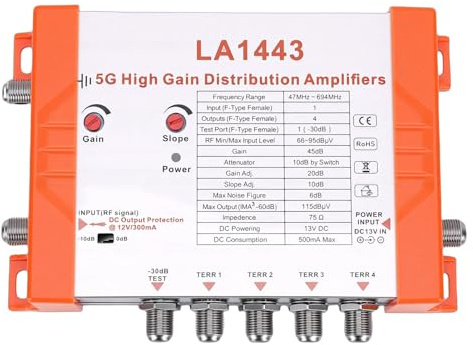 Plyisty Amplificatore di Distribuzione Modulatore TV a 4, Guadagno Elevato 45 Db con Cascata IRS e Filtro LTE 5G, per Splitter Ripetitore Segnale Antenna TV Via Cavo (Spina Europea)