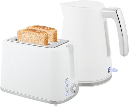 HOMCOM Ensemble bouilloire et grille-pain acier 2200 W 1,7 L, blanc | Bouilloire thermostat Otter avec filtre anti-calcaire, grille-pain 2 fentes, 7 réglages de brunissage