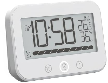 Digitale Badezimmeruhr Duschuhr Wasserdicht mit Saugnapf, Batteriebetrieben | mit Thermometer, Hygrometer, Countdown Timer, LCD‑Display zum Hinstellen oder Wandmontage für Dusche, Bad, Küche (Weiß)