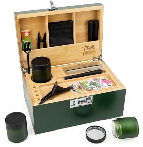 Viking Factory Large Lockable Bamboo Storage Box with Removable Tray and Combination Lock, 19-Piece Wooden Organizer Set with Jars, Accessories and Padded Interior for Personal Storage (Green)