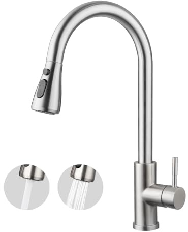 WOOHSE Wasserhahn Küchen, Hochdruck Küchenarmatur mit Brausekopf, 2 Wasserauslauf Modi, Wasserhahn Küche Ausziehbar, 360° Drehbar, 304 Gebürstete Edelstahl Spültischarmatur, Keramikkartusche