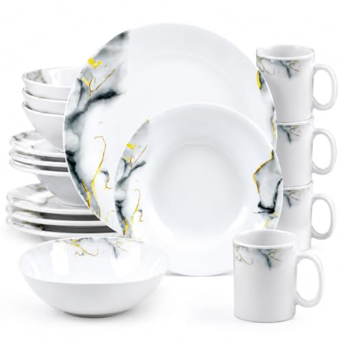 HOMSMYTH 16 Pcs Opal Glass Dinner Set for 4 People, White Dinnerware Set with Gold Accents, 11 Dinner Plates, 9 Soup Plates, 6.5 Cereal Bowls & 350ml Mugs, Microwave, Dishwasher & Freezer Safe
