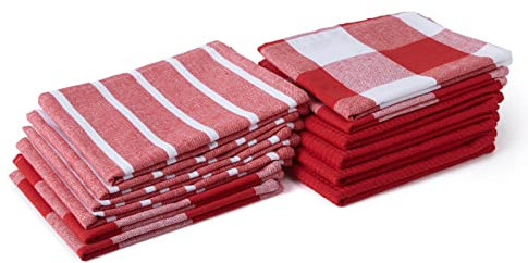 Encasa XO Küchenhandtücher und Waschlappen aus Baumwolle | Rot | Waffel- und Flachgewebe-Geschirrtuch | Geschirrtuch-Set | 70x45 cm | Wiederverwendbar und schnell trocknend 12er-Satz