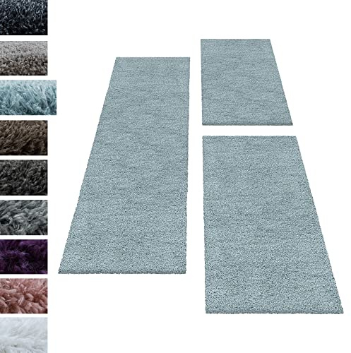 Carpettex Set di tappeti shaggy tappeto Shaggy per camera da letto 3 parti Pelo morbido, colore:Blu, set letto:2 pezzi 60x110 + 1 pz 80x150