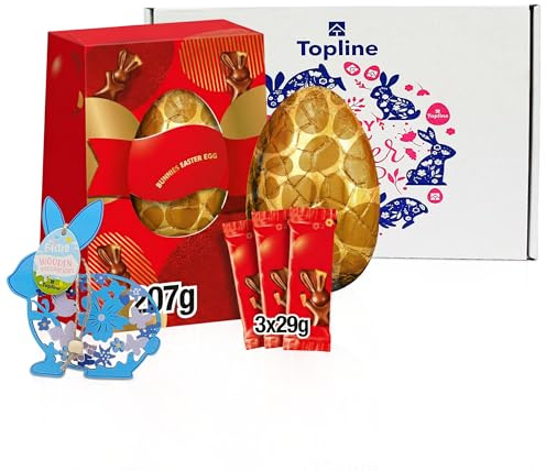 Chocolate Easter Eggs Hamper for Easter Gifts - Large Milk Chocolate Egg 274g with 3 Bags of Buttons & Topline Wooden Decoration. Chocolates Gift Box for Women, Egg Hunt