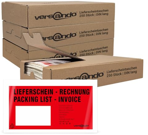 versando 4x 250 Lieferscheintaschen DIN lang selbstklebend | Dokumententaschen Begleitpapiertaschen rot/schwarz bedruckt: Lieferschein/Rechnung in Spenderbox