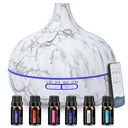 Essential Oil Diffuser,550ml Diffusers for Home Oil Diffuser Aroma Diffuser with 6 Essential Oil Sets,7 Color Mood Lights,4 Timer Settings for Home, Bedroom, Office, Yoga