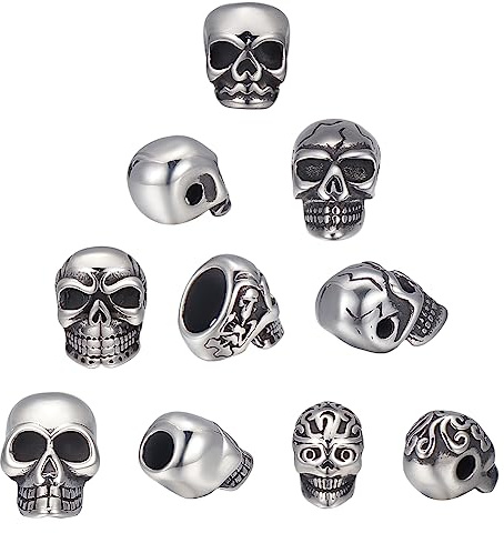 UNICRAFTALE 10 Stück 5 Stil Totenkopfperlen 304 Abstandsperlen Edelstahl Totenkopf in Antiksilber lose Perlen 2~8 mm großes Loch Totenkopf europäische Perlen Metallperlen für Schmuck