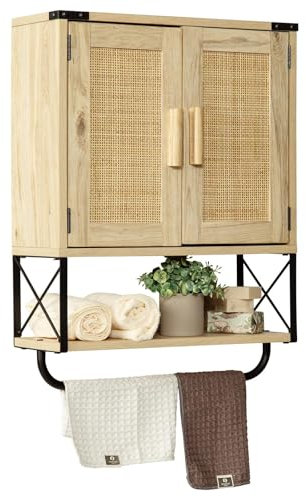 RUSTOWN Farmhouse Medizinschrank mit 2 Scheunentüren, Boho-Holz, Wandmontage, Aufbewahrungsschrank mit verstellbarem Regal und Handtuchstange, 3-stöckiger Badezimmerschrank für Badezimmer (Rattan,